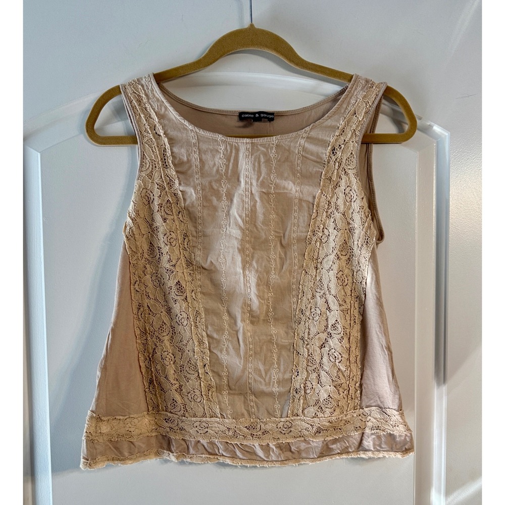 Cable & Gauge Tank Top Womens M‎ Beige Lace Embroidered Boho FairycoreScoop
